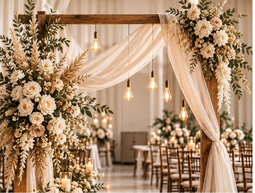 Arco de ceremonia con flores ivory y telas delicadas
