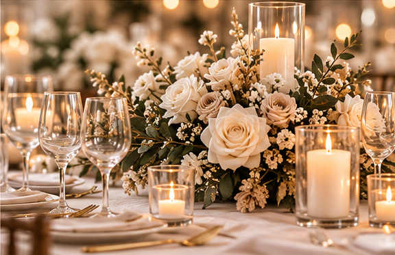 Mesa de recepción con flores y velas